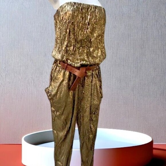Michael Kors STUNNING Gold Sequin Strapless Jumpsuit w/Removable belt XS  NWOT - Picture 3 of 16